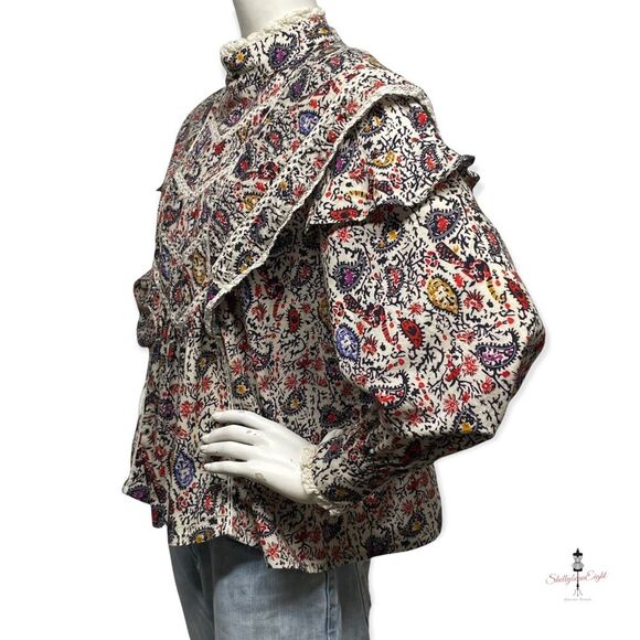 COTTAGECORE Prairie Vintage 70s Look Peacock Print Lace Trim Blouse Top M L - Picture 7 of 16